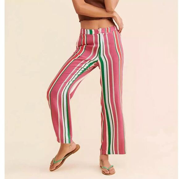 FREE PEOPLE La Paz Rainbow Pink Striped High Rise Cropped Flare Pants SIZE 10 - Picture 2 of 11